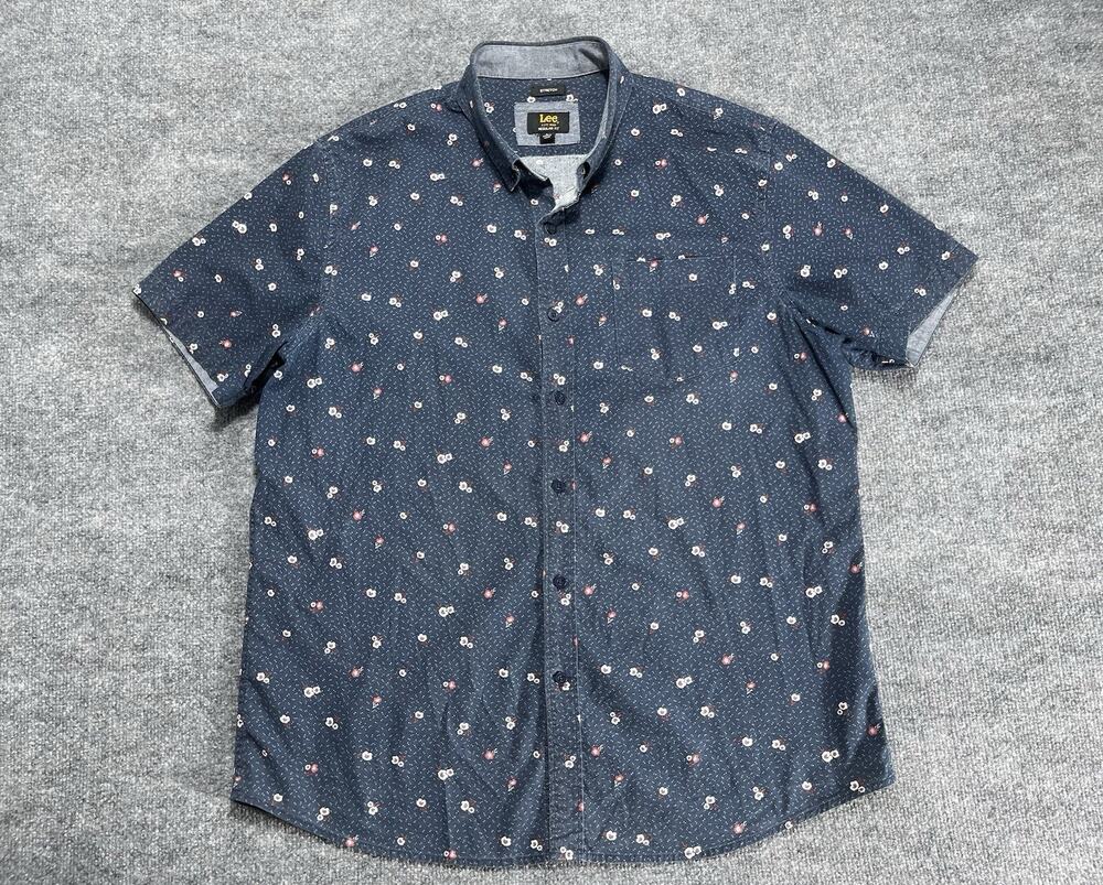 Lee Shirt Mens L Blue Regular Fit Stretch Button Up Short Sleeve Casual Floral